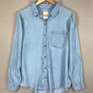 SO Favorite Shirt Women’s XL Blue Chambray Button Up Long Sleeve Pocket High Low